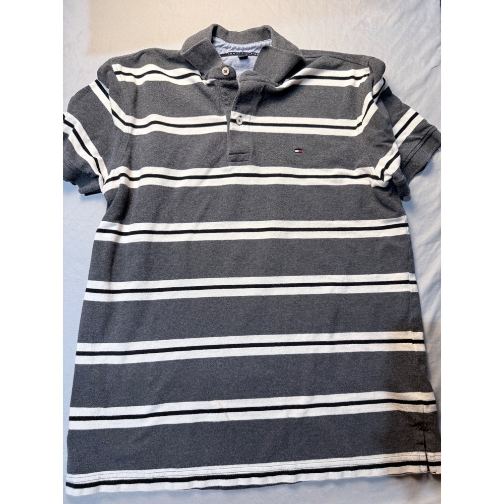 Tommy Hilfiger Mens Striped Polo Shirt Grey White Navy Blue Cotton Size Large